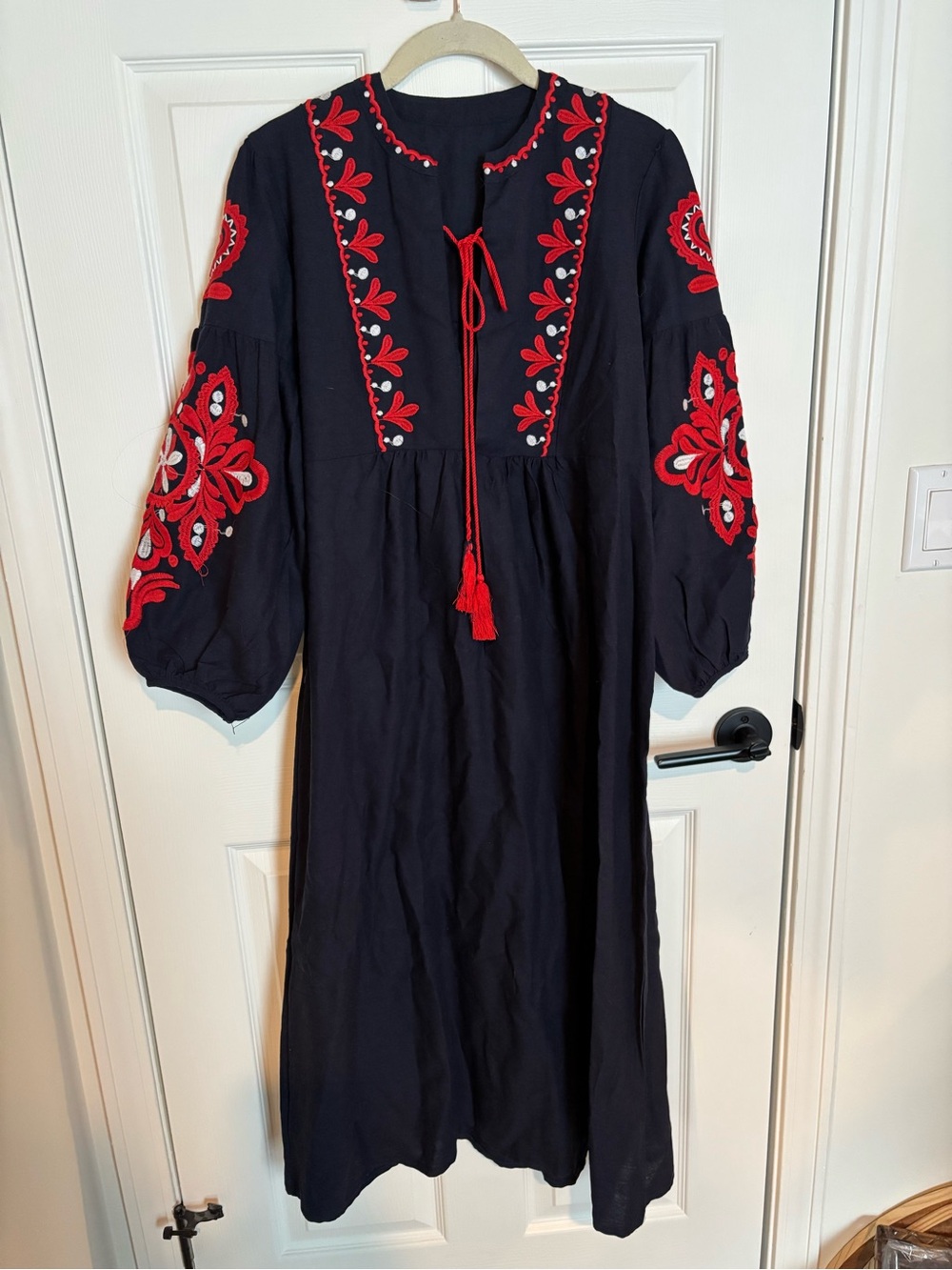 Embroidered Navy Midi Dress with Red Accents